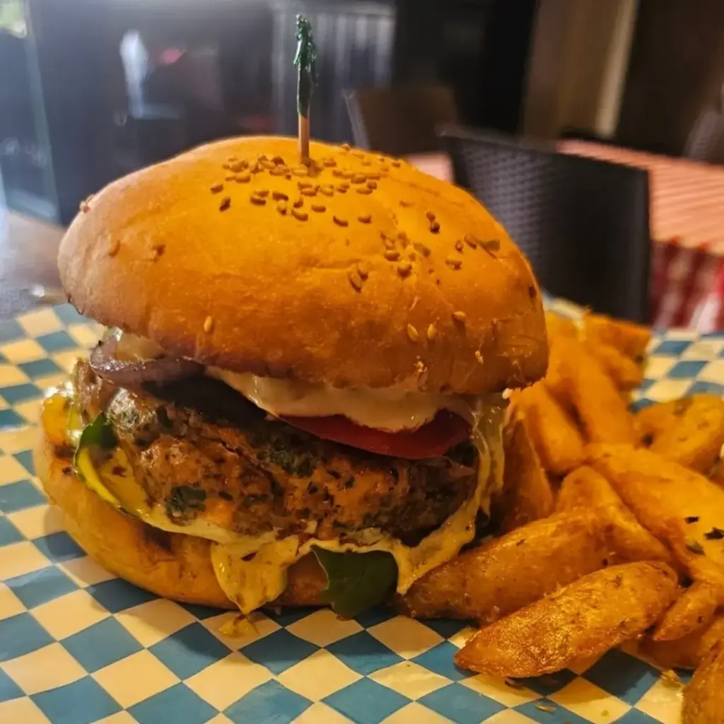 (C)The Signature Salmon Burger (Cheddar, Seasoned Fries)